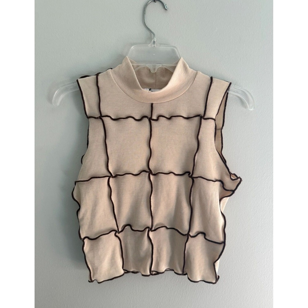 Pretty Garage Beige Mock Neck Tank Top with Brown Contrast SMALL